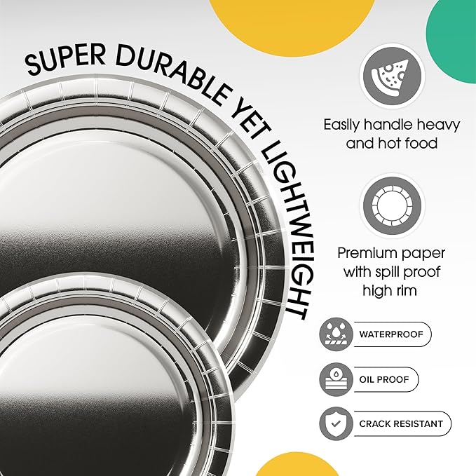 Exquisite Silver Paper Plates Disposable Heavy Duty 100 Pcs - 50-7" & 50-9" Silver Disposable Plates For Party Heavy Duty Paper Plate 350 GSM Birthday Party Supplies Plate Set