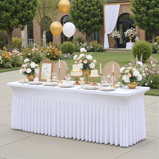 White Spandex Table Clothes for 8 Foot Rectangle Tables, Wrinkle Free Fitted Tablecloths Desk Skirt Stretchy Table Cloth Cover 8ft for Parties Weddings Birthday Banquet Baby Shower