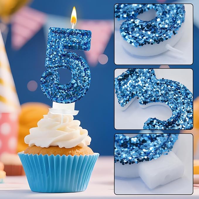 Zailo Birthday Number Candles, Glitter Number Candle Cake Decorations with Sequins, Cupcake Decorations for Girls, Women, Party Anniversary Celebrations (Number 5, Blue)