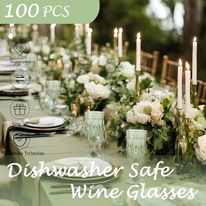 Plastic Wine Glasses, Plastic Goblets Vintage Style Cordial Unbreakable Drinking Glasses, Reusable Drinkware for Wedding Reception, Grand Event Party Supplies, Easter (100, New Green)
