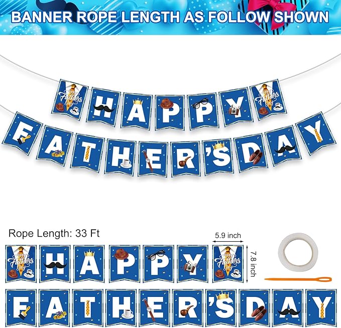 Happy Fathers Day Banner, Father's Day Banners, Blue Happy Daddy Day Sign Bunting Banner Garland for Fathers Day Home, Office, Fireplace, Wall Decor and Party Decorations Supplies Favors Props