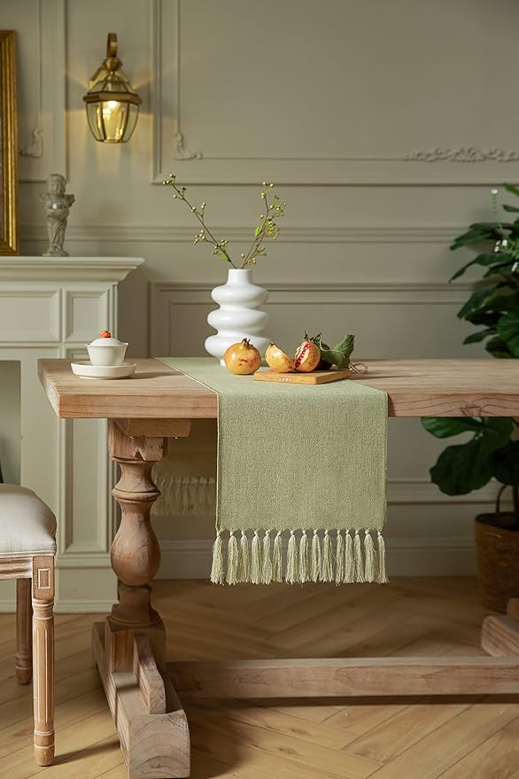 ZeeMart Sage Green Table Runners 60 Inches Long, Burlap Linen Style Rustic Farmhouse Table Runner, Boho Woven Dining Table Runner, 13x60 Inches, Light Sage Green