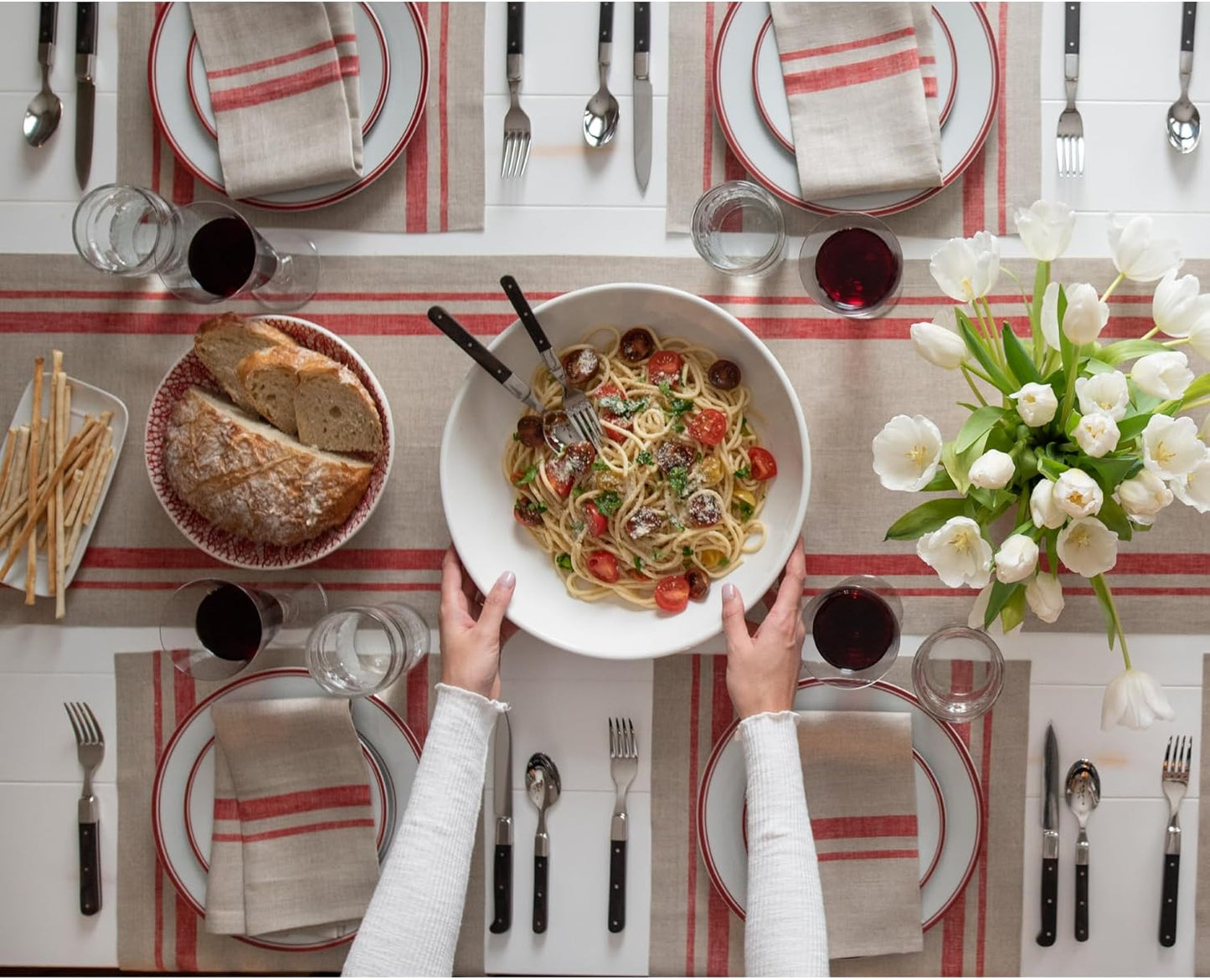 Solino Home Linen Table Runner 90 Inches Long - French Stripe, 100% Pure Linen Red and Natural Farmhouse Table Runner 14 x 90 Inch Ideal for Dining, Fall, Autumn, Thanksgiving, Holiday