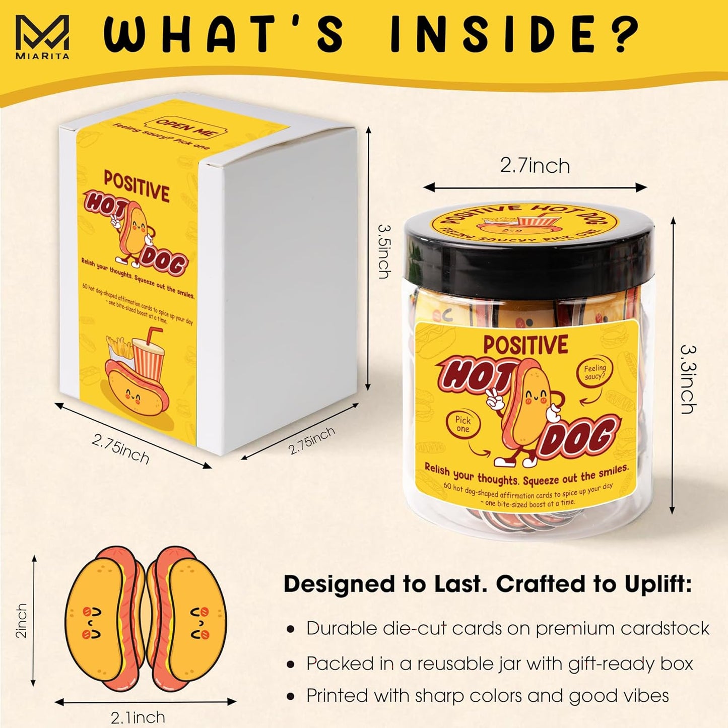 Positive Hot Dog Jar, Emotional Supports Jar, 60 Affirmation Cards Cheer Up Funny Gag Gifts for Best Friend Birthday Women Teacher, Feel Better Gifts for Women