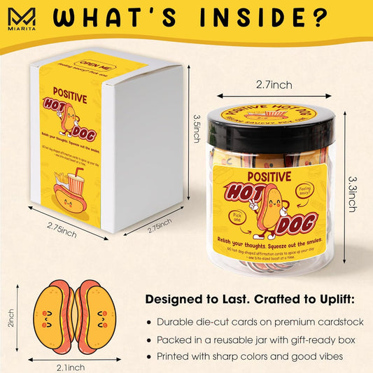 Positive Hot Dog Jar, Emotional Supports Jar, 60 Affirmation Cards Cheer Up Funny Gag Gifts for Best Friend Birthday Women Teacher, Feel Better Gifts for Women
