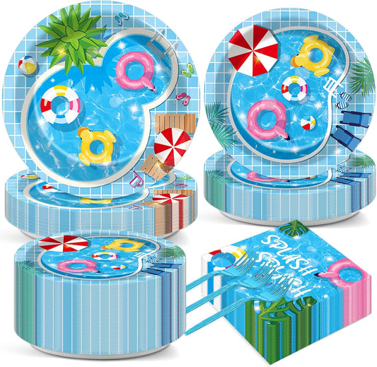 gisgfim 50 Guests Pool Party Supplies Summer Beach Plates and Napkins Forks Summer Pool Tableware Beach Ball Paper Disposable Plates for Splish Splash Birthday Baby Shower Party 200PCS