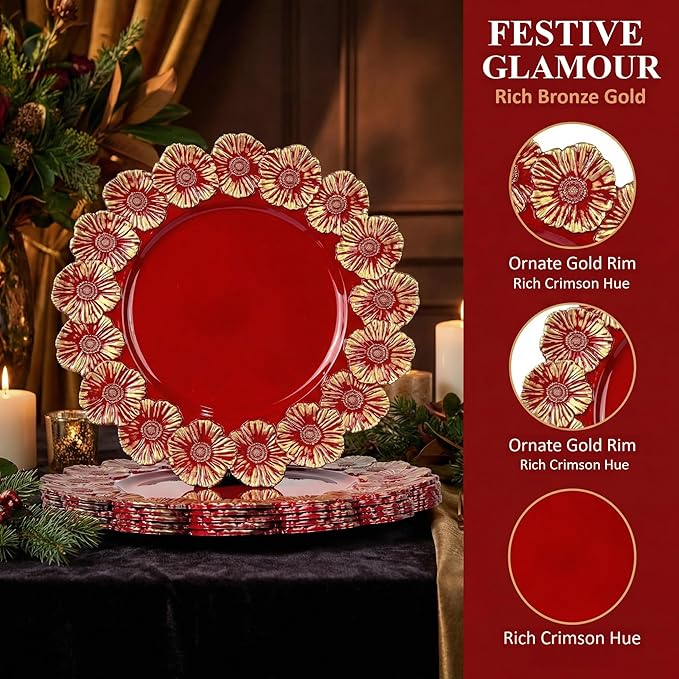 Red Charger Plates with Flower Rim, 13" Round Charger for Dinner Plates, Set of 6 Plastic Plate Chargers for Halloween, Thanksgivng, Christmas.
