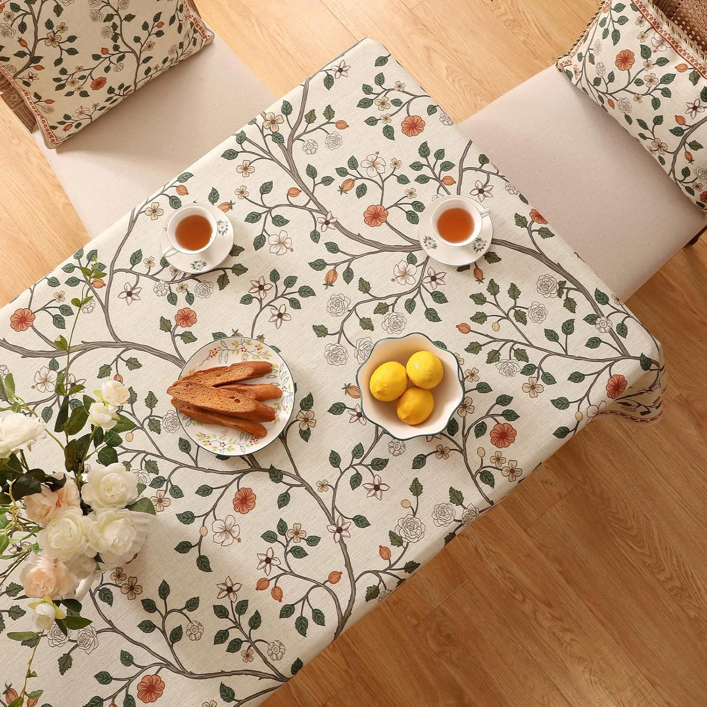 ISAENNE Designer Floral Extra Long Rectangle Tablecloth,French Linen Light Beige Indoor Table Cloth,Fall Wrinkle Resistant Decor Tablecloths for Dining Thanksgiving Kitchen,63"*110"-Flora A
