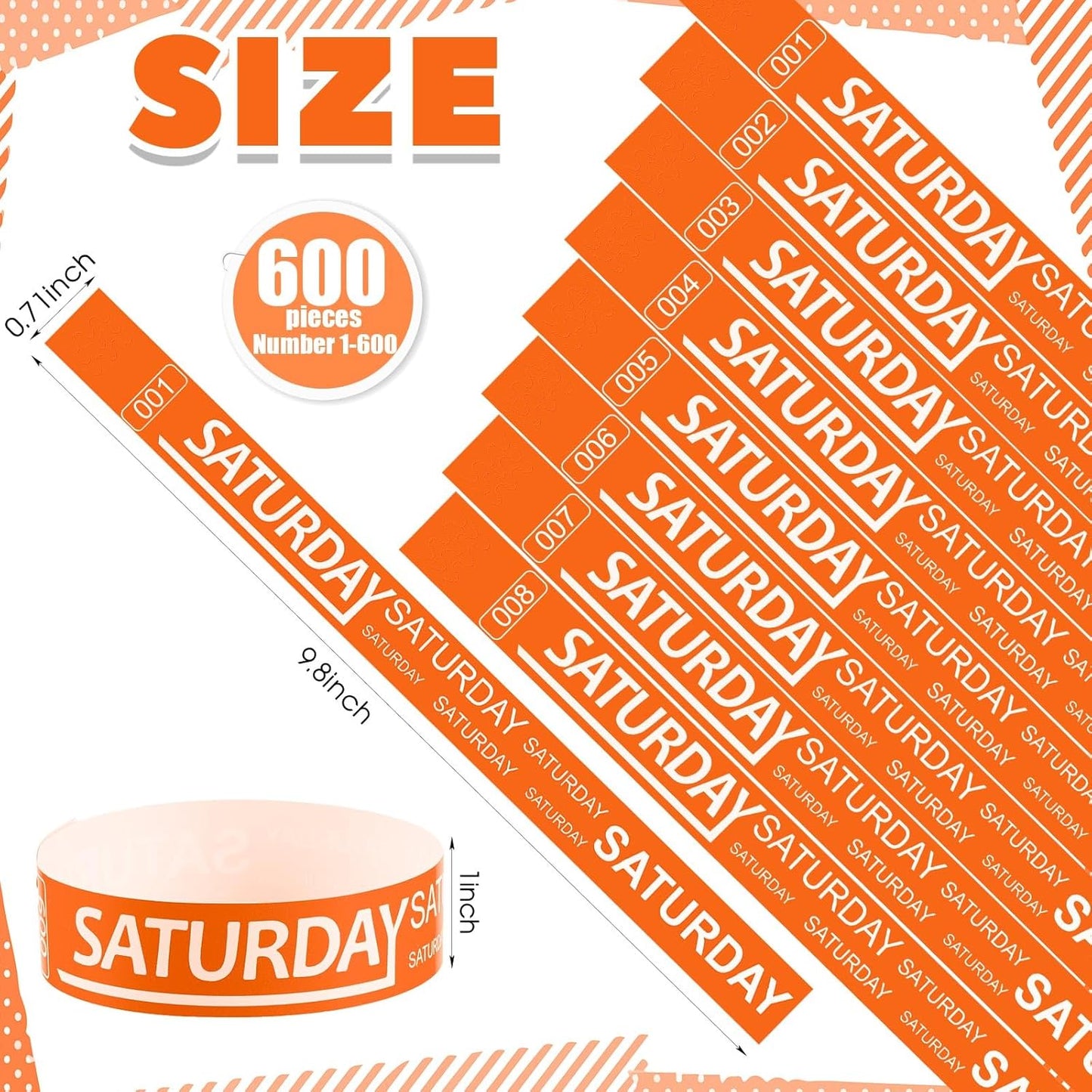 Henoyso 600 Pcs Saturday Paper Wristbands Event Admission Paper Bracelets Numbered Waterproof Party Armbands for Events Day of The Week(Orange)
