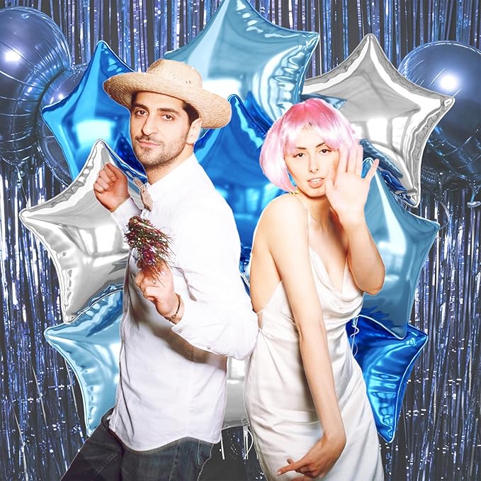 Blue Silver Star Foil Balloons, 10PCS Blue and Silver Foil Stars Shape Balloons, 18 Inch Metallic Stars Balloon for Helium Pentagram Balloon for Boys Men Birthday, Anniversary Party Decorations