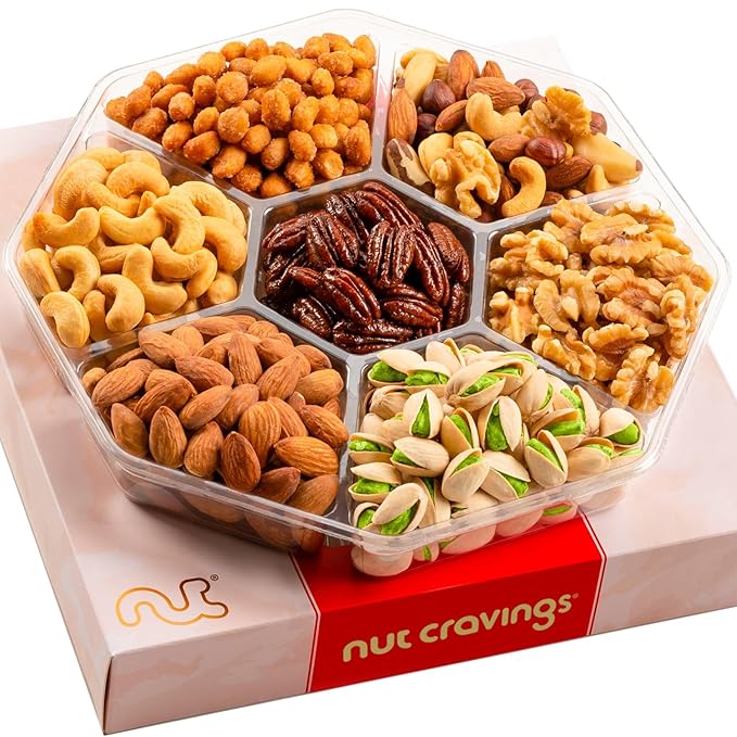 NUT CRAVINGS - Halloween Treats For Adults Mixed Nuts Gift Basket in Red Gold Box (7 Assortments, 1 LB) Holiday Xmas Christmas Food Arrangement, Healthy Snack Care Package, Food Assortments