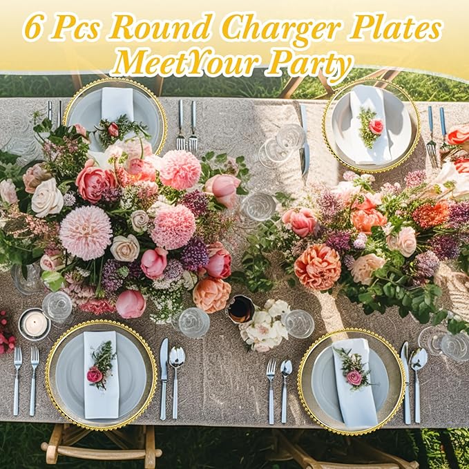 Hoolerry 6 Pack Clear Charger Plates Bulk 13 Inch Plastic Round Beaded Dinner Chargers Acrylic Frosted Grain Decorative Service Plates for Wedding Party Event, Home and Kitchen Tabletop (Gold)
