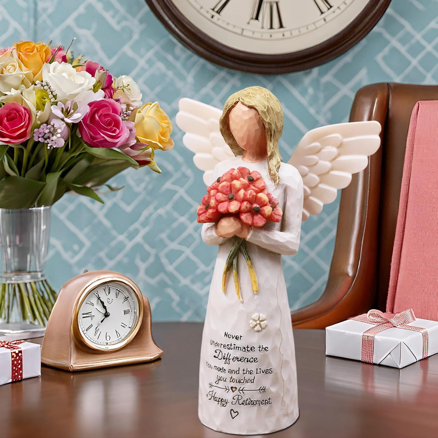 AUKEST Retirement Gift for Woman - Retirement Party Decorations, Retirement Gifts for Women, Coworker Leaving Gifts for Women, Retirement Decorations - 5.1” Angel Figurine (Red)