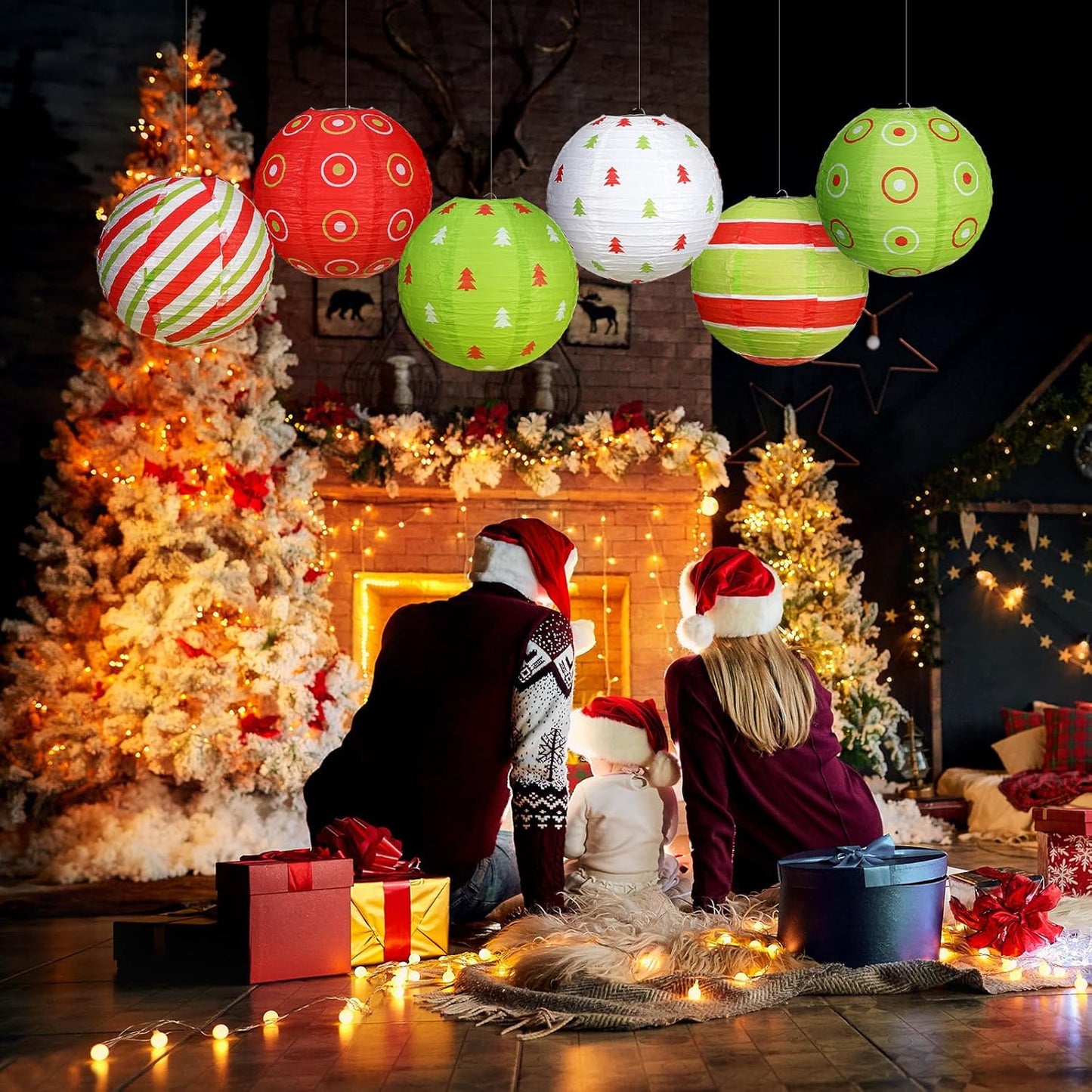 Bencailor 12 Pcs Christmas Hanging Paper Lanterns Set Decorative Christmas Party Lanterns Round Hanging Lamps for Xmas Home Decoration Supplies Props Graduation Holiday Decor(Christmas Tree, 12 Inch)