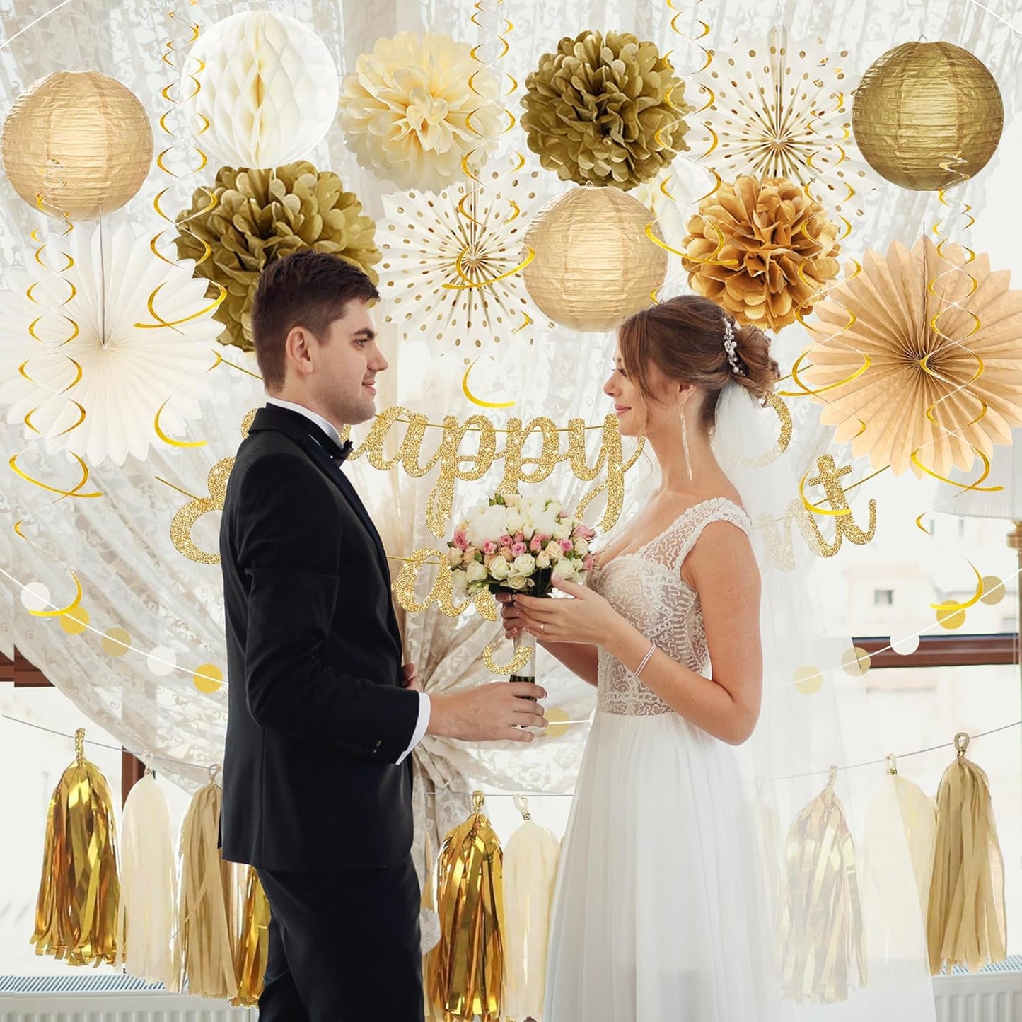 Roetyce Engagement Party Decorations, Gold Glitter Happy Engagement Banner, Almost Married/Just Engaged Photo Background, Congratulations Wedding Bachelorette Backdrop Decor