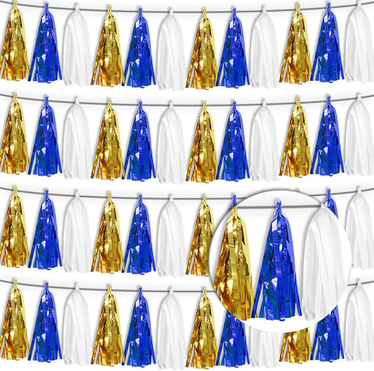 4 Pack Navy-Blue White and Gold Tassel Banner Garland Metallic Foil Fringe Banner Tinsel Tassels Streamer Banner Backdrop for Parade Floats, 2025 Graduation, Retirement Party Decoratio