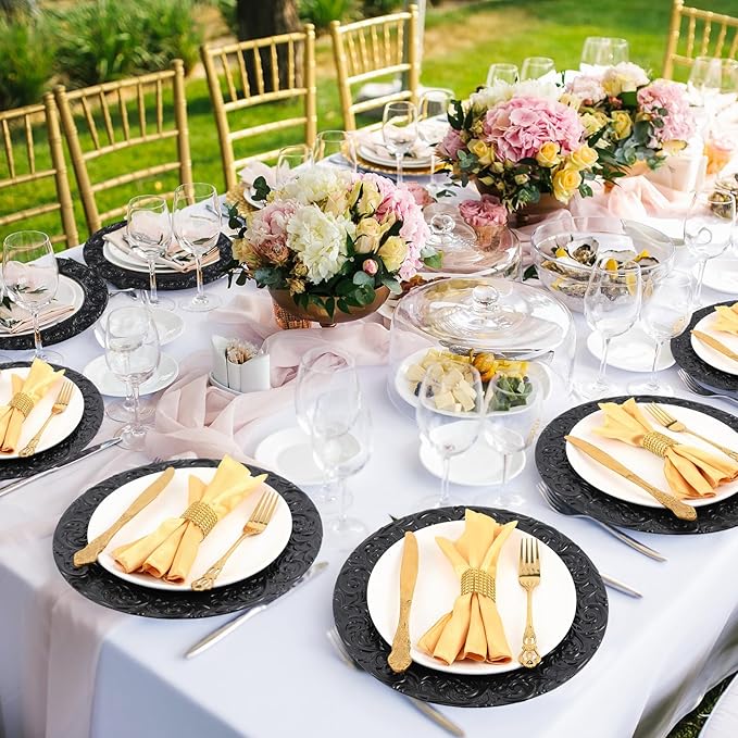 Uiifan 50 Pcs Antique Charger Plates Bulk 13'' Plastic Plate Chargers Decorative Embossed Rim Round Plates for Wedding Party Event Dinner Kitchen Table Setting Decoration (Black)
