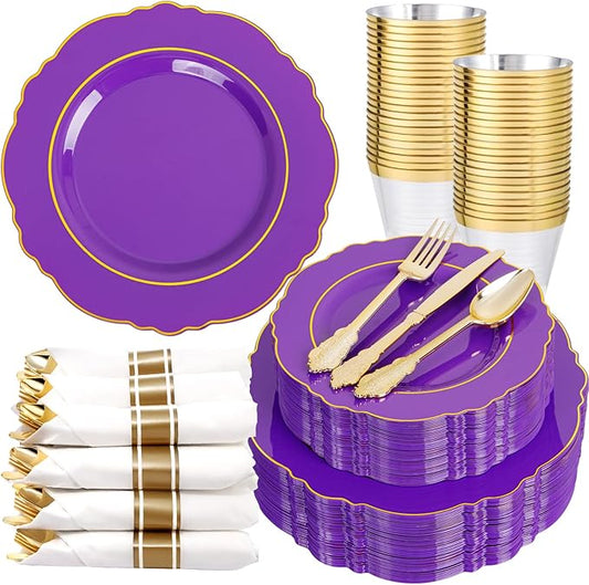 Liacere 175PCS Purple Plastic Plates-Disposable Purple and Gold - 25 guest Baroque Plastic Dinnerware include 50Plates,25Pack Pre Rolled Napkins with Silverware 25Cups for Wedding&Party