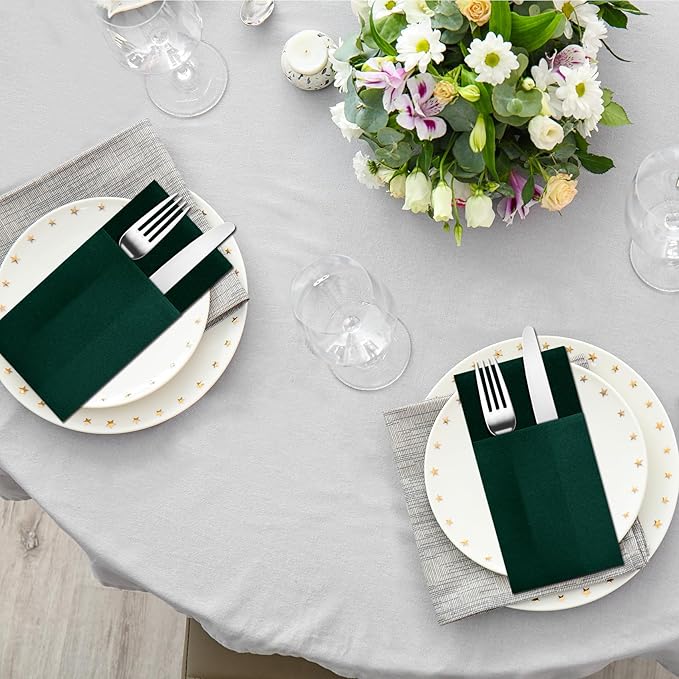 Dark Green Napkins Hand Towels Disposable, Linen-Feel Dinner Napkins with Prefolded Built-in Flatware Pocket, Guest Paper Hand Towels for Christmas Wedding Reception (16x16in, 50Pack）