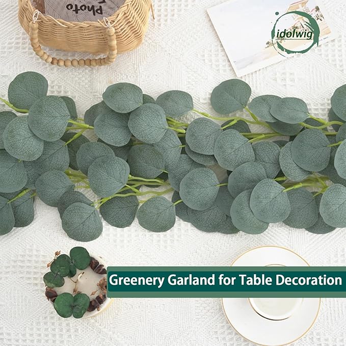 Faux Eucalyptus Garlands for Decoration, Fake Vines for Greenery Backdrop, 2 Pack Artificial Eucalyptus Vines for Wedding Decoration, Leaf Garlands for Table Mantle and Wall Hanging Decoration