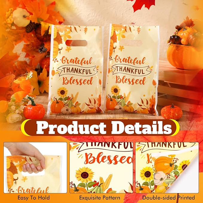 Supervitae 100 Pcs Thankful Grateful Blessed Party Gift Bags Fall Harvest Favor Bags Bulk with Handles for Thanksgiving Snacks Goodie Candy Treat Party Supplies