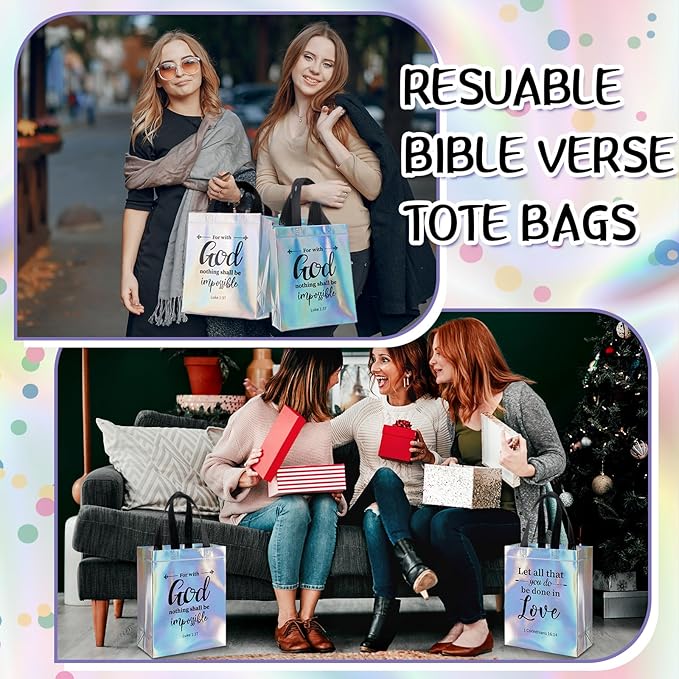 HunnmingRe 24 Pcs Religious Gift Bags Bulk, Non Woven Christian Bible Verse Gift Bags with Handle, Reusable Religious Iridescent Tote Bag for Easter Baptism Catholic Party Favors Gifts Wrapping