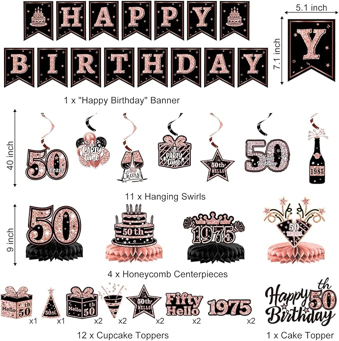 50th Birthday Decorations for Women – 59pcs Back in 1975 Party Supplies Backdrop, Banner, Honeycomb Centerpieces, Hanging Swirls, Foil & Latex Balloon, Cake & Cupcake Toppers, Sash, Pom Poms, Crown
