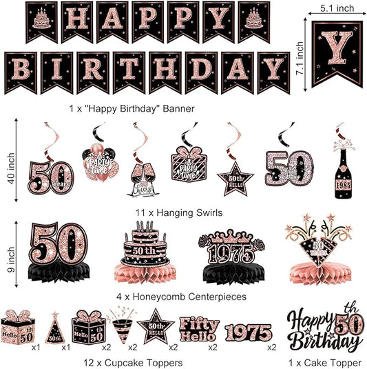 50th Birthday Decorations for Women – 59pcs Back in 1975 Party Supplies Backdrop, Banner, Honeycomb Centerpieces, Hanging Swirls, Foil & Latex Balloon, Cake & Cupcake Toppers, Sash, Pom Poms, Crown