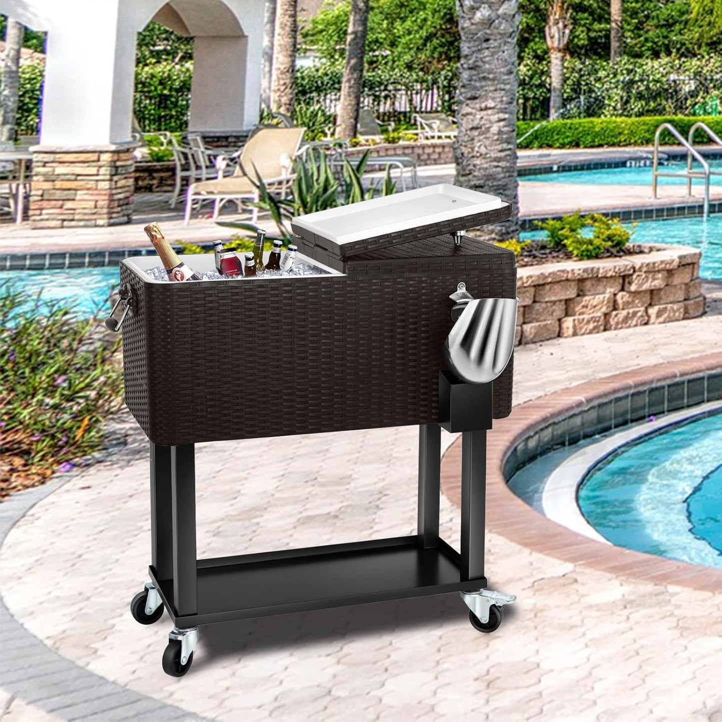 EDOSTORY 80 Quart Rolling Ice Chest Cooler Cart,Patio Backyard Party Drink Beverage Bar Stand Up Cooler Trolley with Ice Scoop