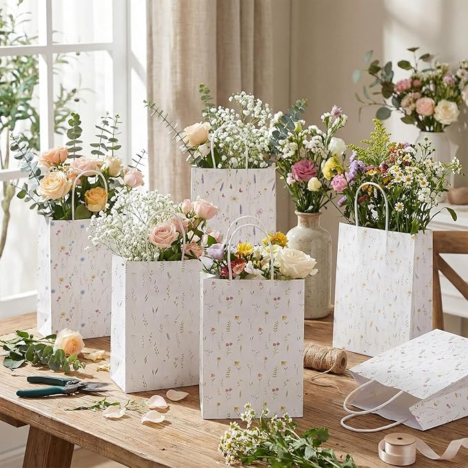 Resholder 30 Pcs Wildflower Paper Gift Bags with Handles Spring Floral Party Favor Bags Colorful Flower Goodie Gift Candy Treat Pouches for Wedding Bridal Shower Baby Shower Birthday Spring Tea Party
