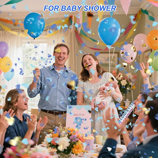 4 Pack Gender Reveal Confetti Cannon, 12 in Blue Heart Shaped Paper Party Poppers Cannons, Confetti Poppers For Baby Boy Gender Reveal Baby Showers (Heart, Blue)