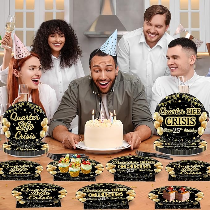 96PCS 25th Birthday Party Paper Plates and Napkins Set for Happy Quarter Life Crisis Cake Dessert Plates Disposable Supplies Black Gold 25 Year Old Theme Tableware Set for Men Women Party Decorations