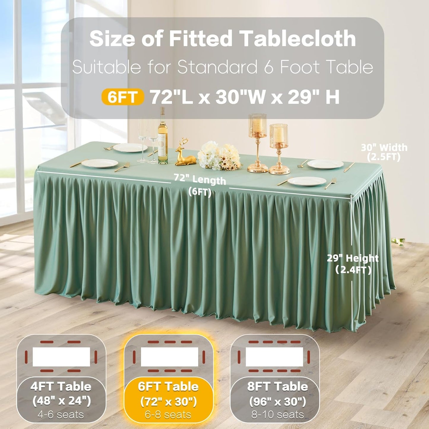 Sage Green Table Clothes for Rectangle Tables 6ft, Wrinkle Resistant Fitted Table Cloth with Pleated Ruffle Skirts for Banquet Wedding Baby Shower Folding Tables