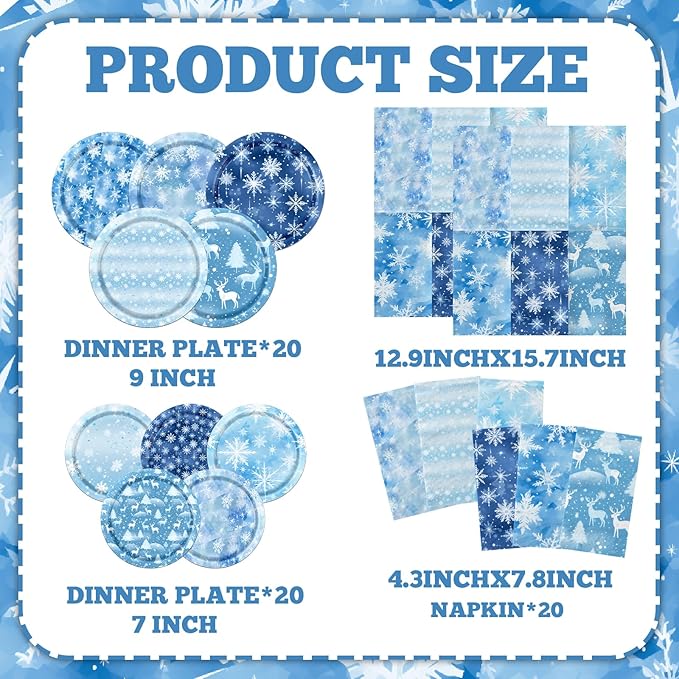 Winter Party Decorations Tableware, 60Pcs snowflake party decorations includes Snowflake Plates and Napkins, Snowflake Winter Wonderland Plates and Napkins for Winter Holiday Christmas Decorations