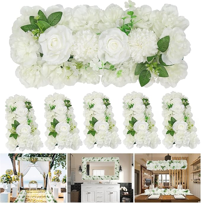 Wedding Arch Artificial Flower Panels - 6Pack White Faux Floral Swags Rose Silk Fake Peony Realistic Corner 3D Flower Row Arrangement Combo for Wedding Reception Ceremony 20.9 * 9.4 * 3inch