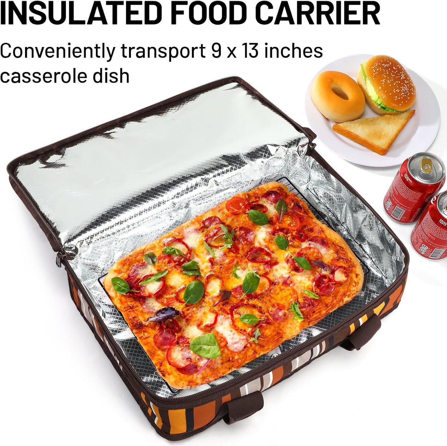 MIER Insulated Casserole Carrier for Hot or Cold Food Thermal Food Carrier Bag for Lasagna Potluck Parties Picnic Cookouts, Fits 9"x13" Baking Dish/Foil Pan, Brown