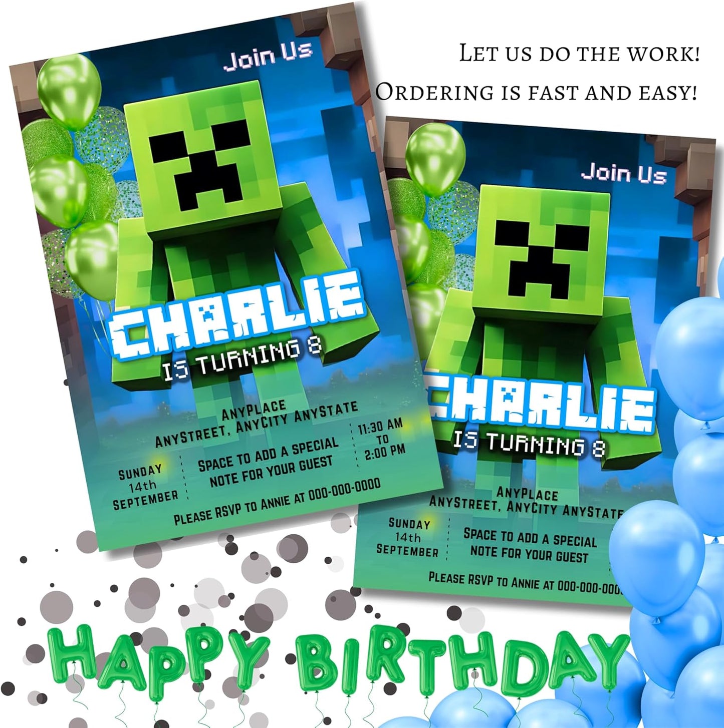 Fully Customizable minecraft Birthday Party Invitations, 4 x 6 inches, with Self-Sealing Envelopes, Gaming Theme Design, minecraft Birthday Invitations for Boys and Girls (Minecraft/CreeperBlue)