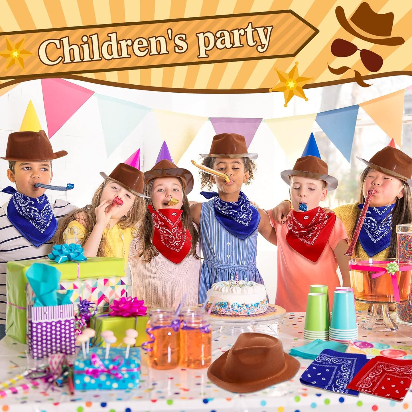 Hillban 72 Pcs Western Cowboy Hat and Paisley Bandana Set for Kids Felt Cowboy Party Hats for Costume Party Favors(Brown)