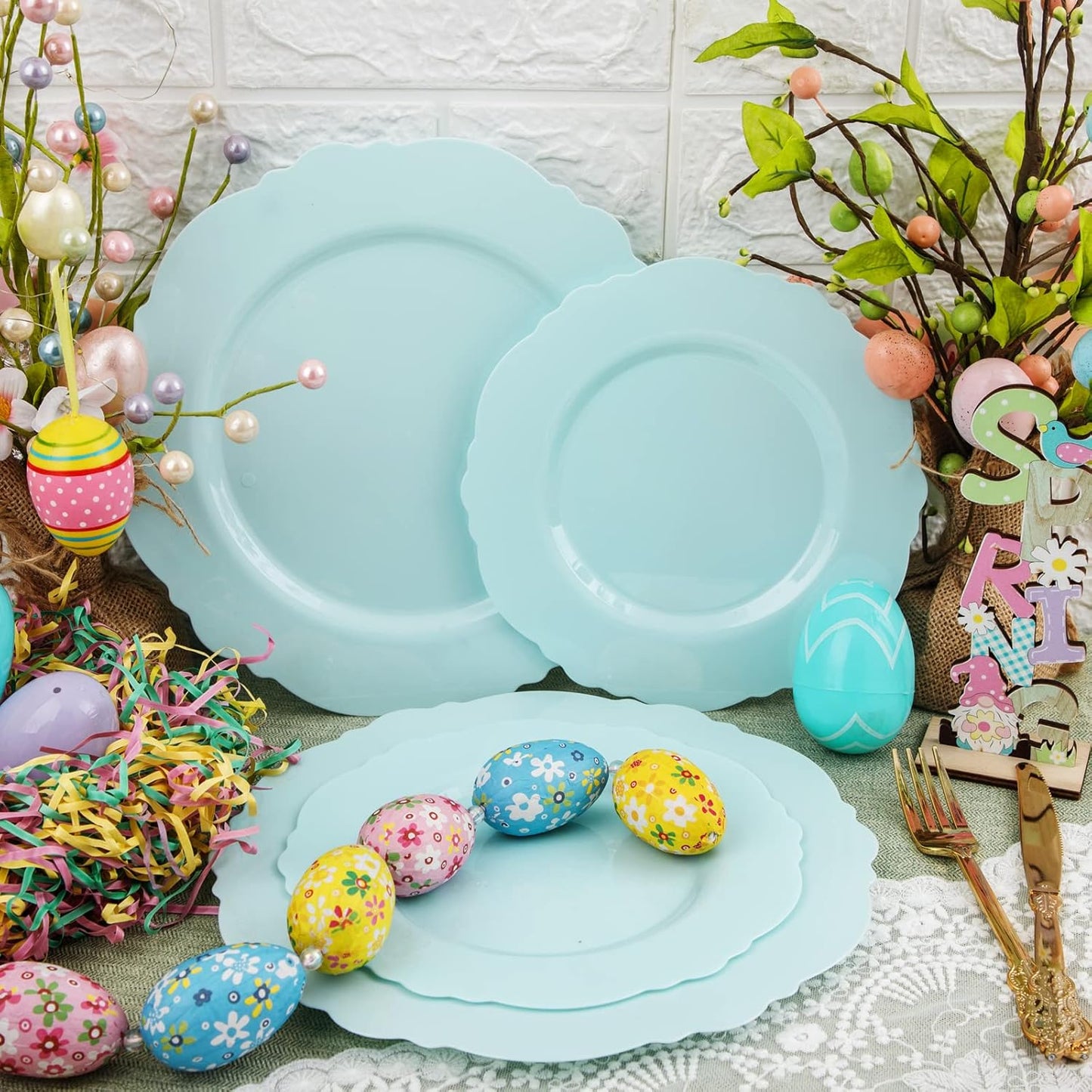 WDF 60pcs Mint Green Plastic Plates - Baroque Dinner Plates Including 30 Green Plates Disposable10.25inch, 30 Dessert Plates 7.5inch for Upscale Wedding, Parties