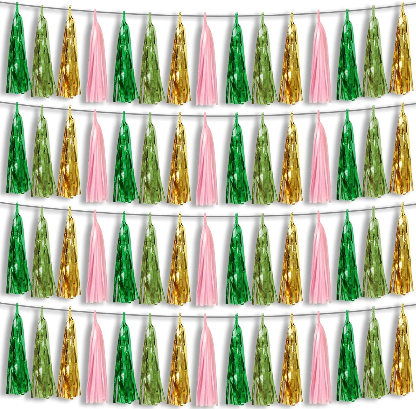 4P Pink-Gold Sage-Green Party-Decorations Foil Fringe Metallic Tassel Streamers Banner Tassel Garland for Parade Floats, Birthday, Bachelorette, Wedding, Halloween, Christmas