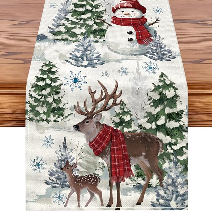 Artscope Reindeer Snowman Christmas Tree Table Runner, Xmas Winter Snowflakes Holiday Kitchen Dining Table Decoration for Christmas Home Party Decor 13x60 Inch-Beige