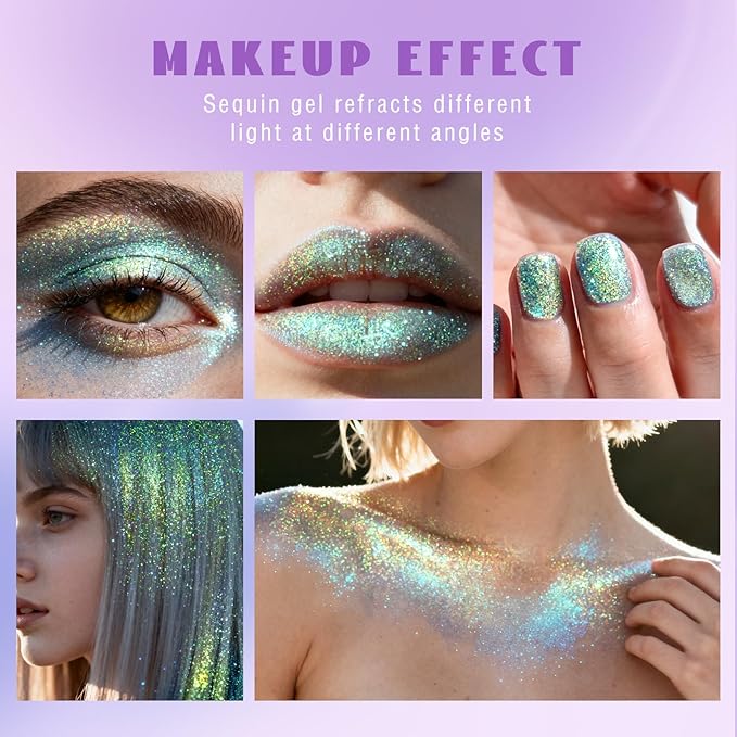HOSAILY Roll-on Holographic Body Glitter Gel for Face Hair, Chamaleon Light Blue Color Changing Face Paint Glitter Mermaid Makeup, Chunky Sequins Festival Party Rave Accessories Shimmer Makeup