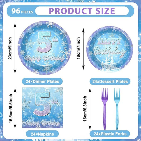 Snowflake Winter Wonderland 5th Birthday Paper Plates Napkins Forks Disposable Dinnerware Happy 5th Birthday Blue and Purple Winter Snowflake Tableware for Kids Christmas onderland Party Decorations