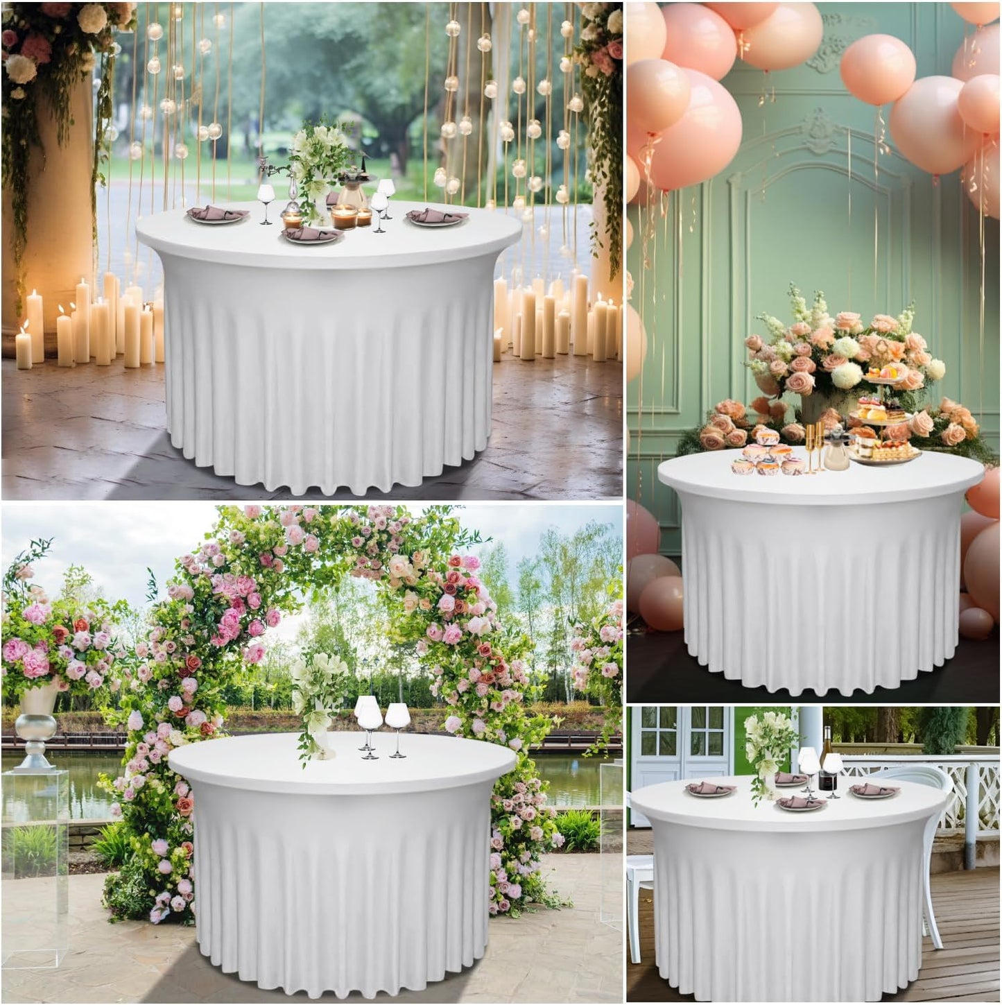 6 Pack 48" Diameter x 30" Height White Table Skirt | Fits 4FT Round Tables |Polyester Spandex Round Table Cloths with Skirt|Stain 、Wrinkle Resistant、 for Wedding,Party,Dining,Banquet