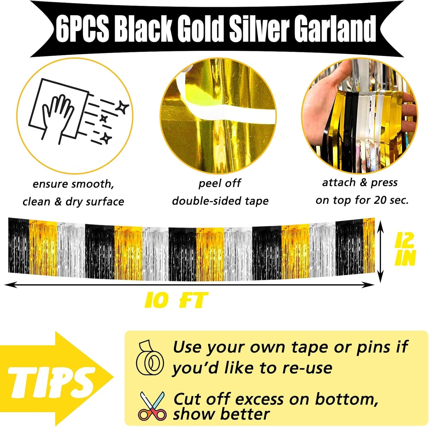 6 Pack 6 Feet 2024 New Year Foil Fringe Garland Metallic Tassle Banner Wall Hanging Tinsel Streamers Backdrop for Parade Floats, Notorious One Birthday Roaring 20s Graduation Party Decorations