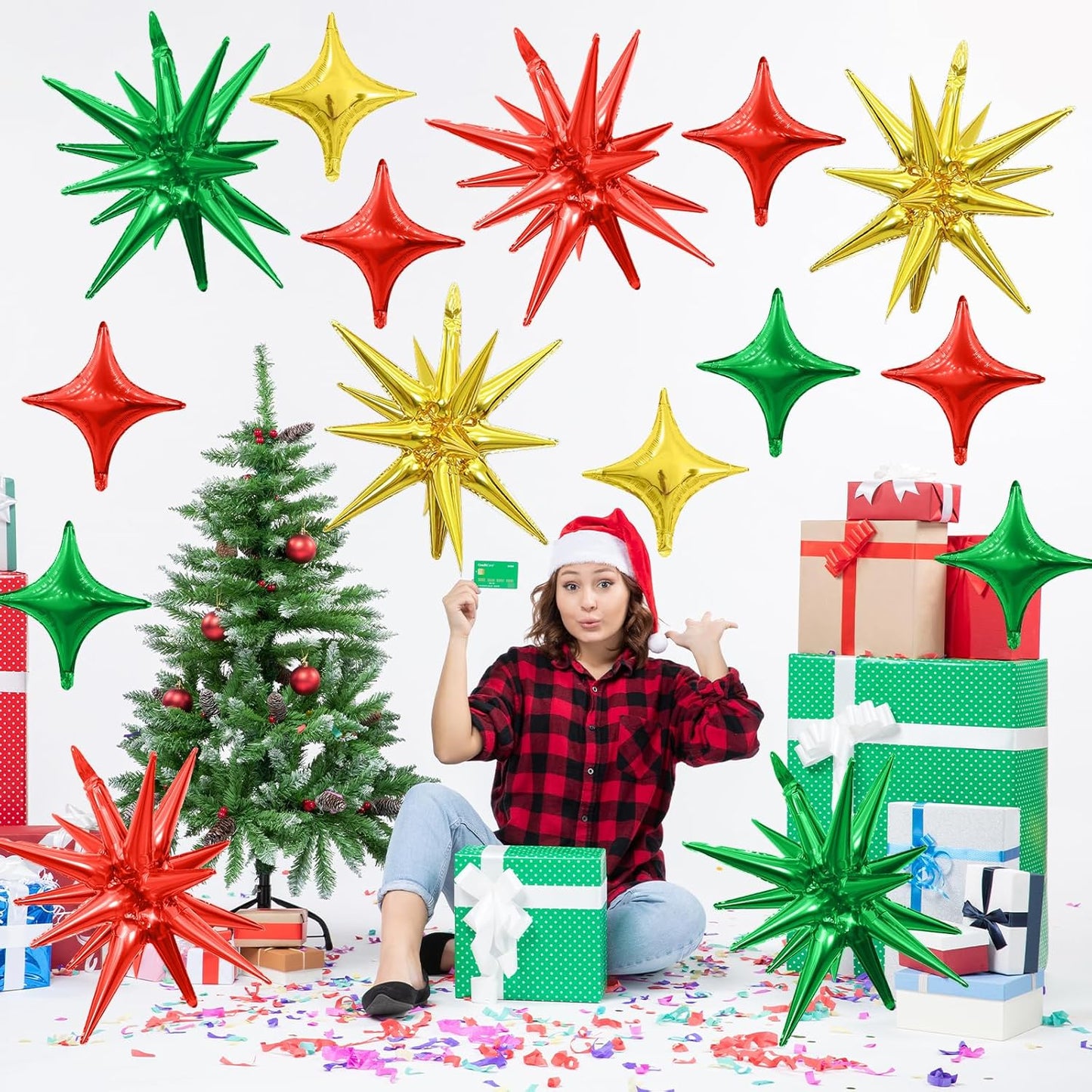 Red Green Gold Star Balloons Kit - 6 22-Inch Cone Foil and 10 10-Inch Four Pointed Balloons for Christmas Birthday Anniversary Party Decorations