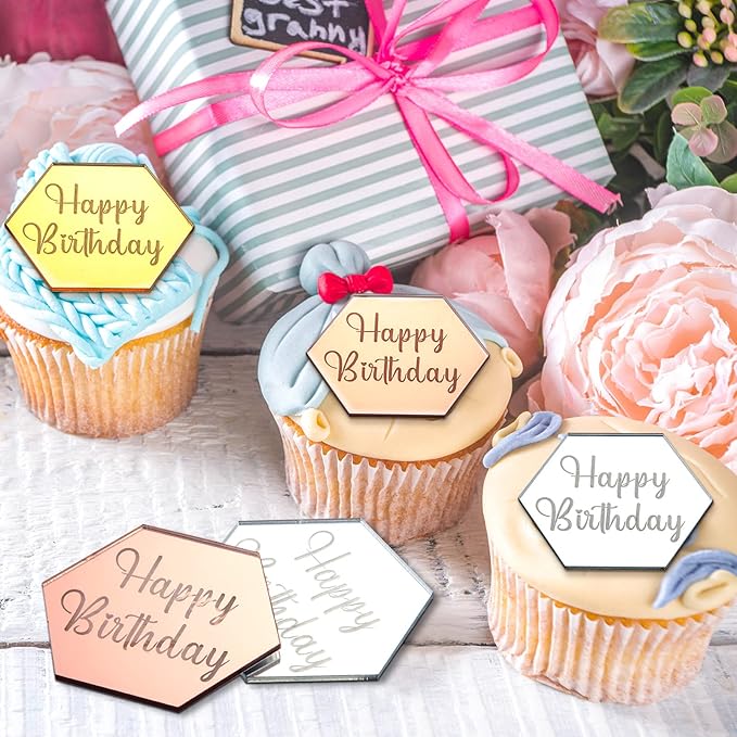 Qunclay 30 Pcs Happy Birthday Acrylic Cake Toppers, Mirror Acrylic Cupcake Toppers, 3 Multi-shape & Gold Rose Gold Silver Cupcake Picks for Birthday Party Pastries Decor DIY Supplies(Hexagon)