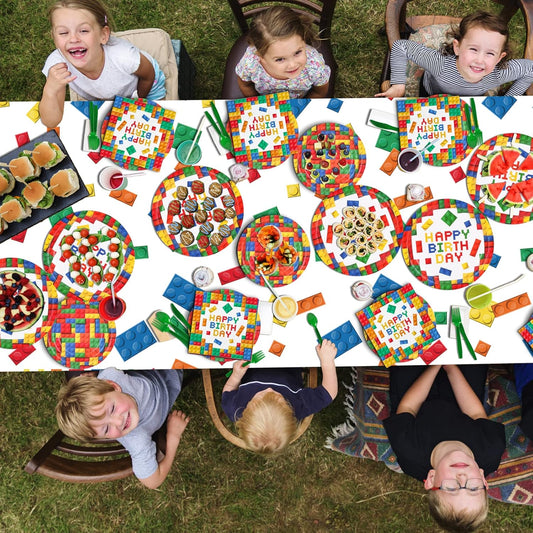 Building Block Party Supplies Paper Plates Napkins Cups Tablecloth Banner for Colorful Building Block Birthday Party Decorations for Boys, Kid’s Birthday Party Decorations Serve 25
