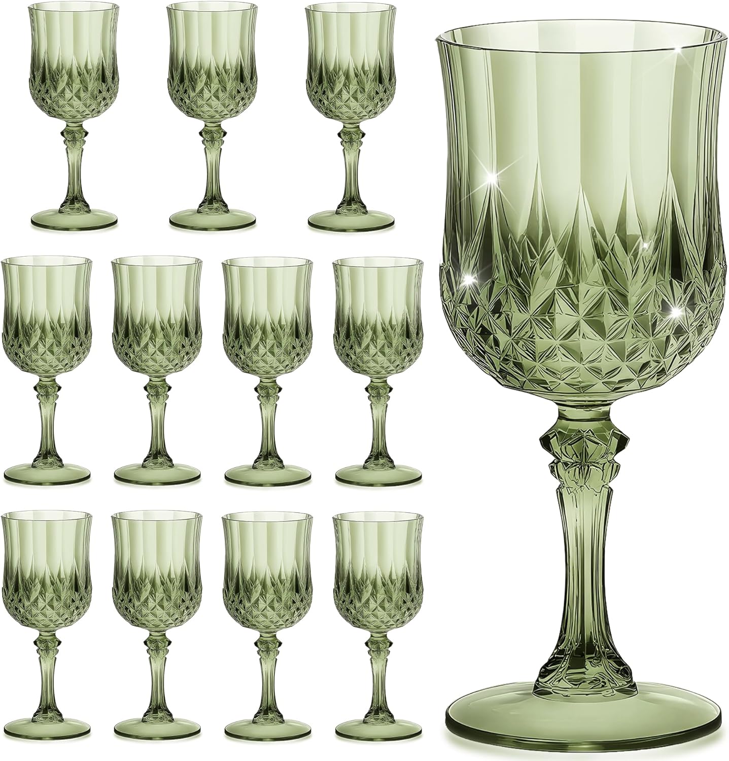 12PCS 7OZ Green Wine Plastic Glasses, Drinking Champagne Glasses Flutes Crystal Vintage Water Unbreakable Goblets for Christmas Wedding, Parties