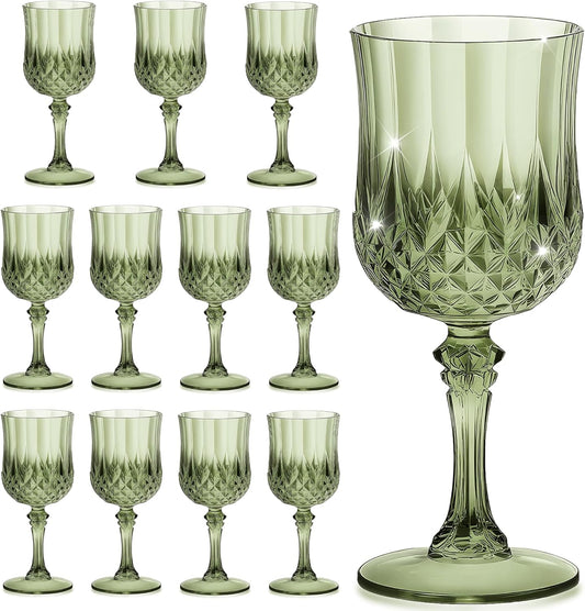 12PCS 7OZ Green Wine Plastic Glasses, Drinking Champagne Glasses Flutes Crystal Vintage Water Unbreakable Goblets for Christmas Wedding, Parties